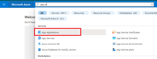 Azure portal search results for 'app registrations,' highlighting the App registrations service option, with other services like App Services, Azure Cosmos DB, and Azure Database for MySQL servers also listed.