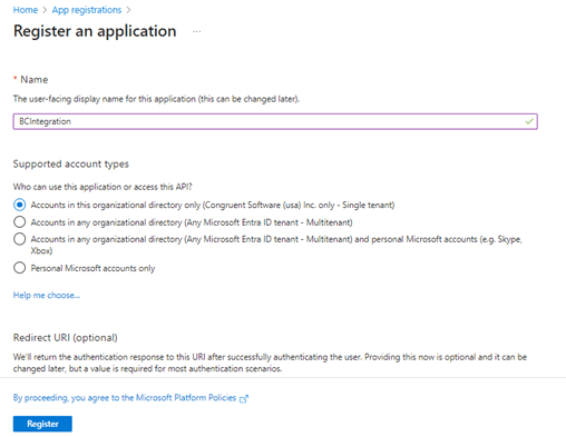 Azure portal 'Register an application' page showing fields for application name, supported account types (single tenant, multitenant, personal accounts), optional redirect URI, and a blue Register button at the bottom.