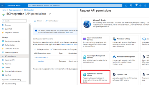 Screenshot of the Azure portal showing the API permissions configuration for a BC Integration app registration.