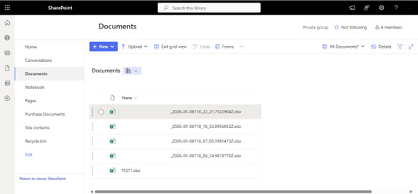 A screenshot of a SharePoint 'Documents' library showing several automatically generated Excel files named with timestamps, confirming the successful end-to-end automation.