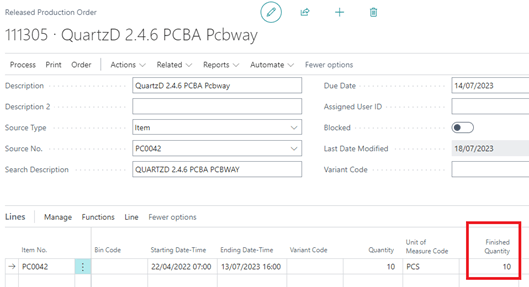 Screenshot of a released BC production order interface for QuartzD 2.4.6 PCBA Pcbway, showing detailed fields such as description, source type, source number, due date, and last modified date.