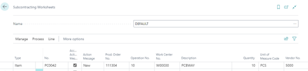 Screenshot of the Subcontracting Worksheet results showing a suggested action linked to a Work Center and a Vendor No.