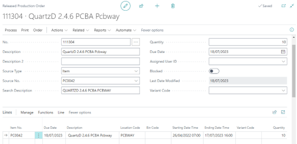 Screenshot of a Routing Card in Dynamics 365 Business Central for PCBWAY, with red boxes highlighting the 'Run Time' and the 'Unit Cost per' in the routing lines.