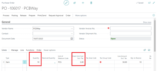 Screenshot of a Purchase Order generated for a vendor highlighting, the a Quantity and a Direct Unit Cost.