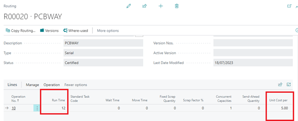 Screenshot of a Routing Card in Microsoft Dynamics 365 Business Central showing the Lines section with the Run Time and Unit Cost per fields highlighted for a subcontracted operation.