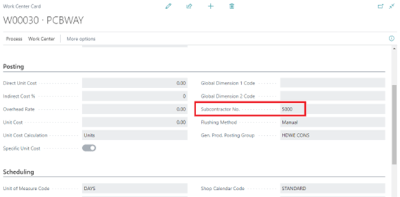 Screenshot of a Work Center Card in Microsoft Dynamics 365 Business Central highlighting the 'Subcontractor No.' field assigned to vendor