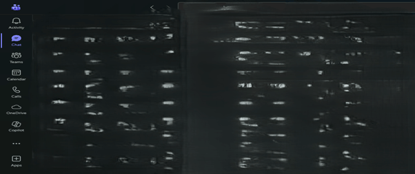 A screenshot of the Microsoft Teams application in a dark theme. The sidebar shows various icons including Activity, Chat, Teams, and Copilot, while the main viewing area shows a blurred document or chat interface.