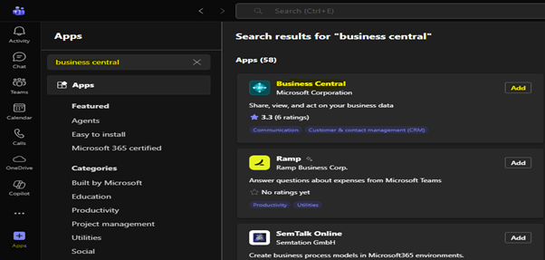 A screenshot of the Apps section in Microsoft Teams. The search bar contains the term 'business central,' and Add button, allowing users to share and act on business data directly within Teams.