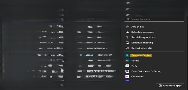 A screenshot of the Apps store within Microsoft Teams. The search bar contains the term 'business central,' and the results pane displays the Business Central app with an Add button.