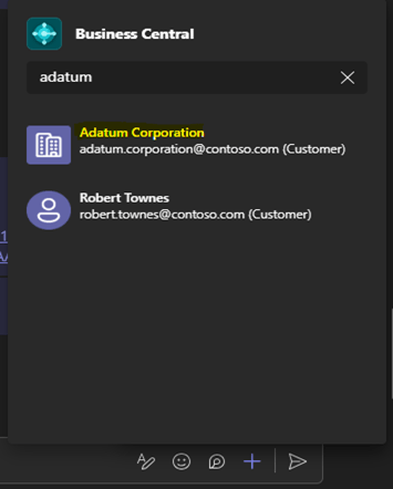 A pop-up window within Microsoft Teams for the Business Central app. A search for 'adatum' is performed, returning results for a Corporation and a popular contact .