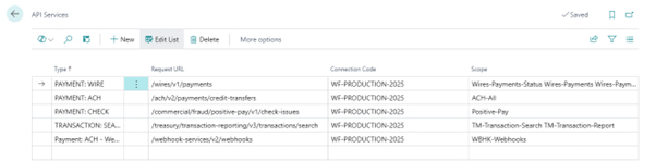 A screenshot of the API Connections page in Business Central, displaying connection tiles for various environments.