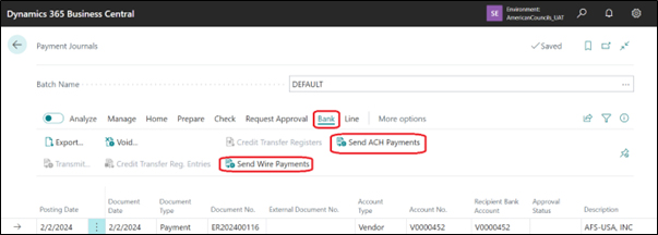 A screenshot of the Payment Journals page in Business Central for the 'DEFAULT' batch. The navigation menu is set to the Bank tab, with red boxes highlighting the functional actions: Send ACH Payments and Send Wire Payments.