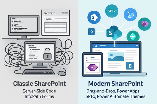 Classic SharePoint customization with server-side code and InfoPath vs Modern SharePoint drag-and-drop, Power Apps, SPFx, and Power Automate.