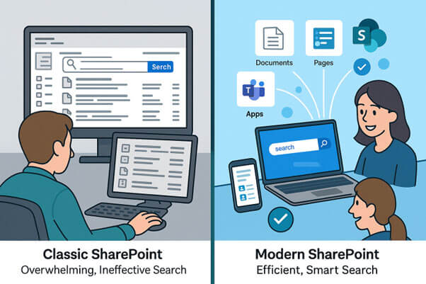 Classic SharePoint ineffective search vs Modern SharePoint efficient smart search with documents, pages, and Teams integration.