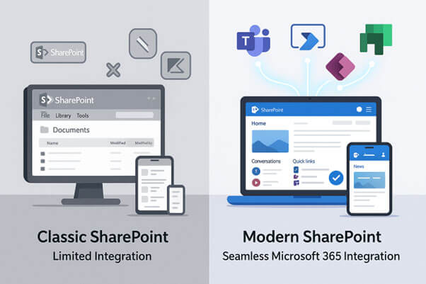 Classic SharePoint limited integration vs Modern SharePoint seamless Microsoft 365 integration with Teams, Power Automate, Power Apps, and Planner.