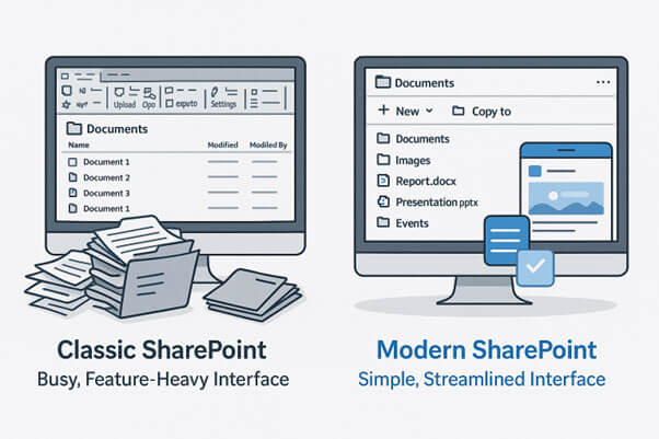 Classic SharePoint busy document library interface vs Modern SharePoint simple streamlined file management layout.