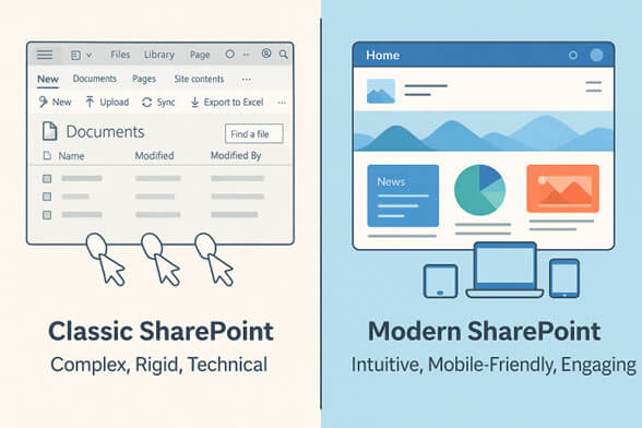 Comparison of Classic vs Modern SharePoint user experience. Classic SharePoint shows cluttered, ribbon-based interface labeled complex, rigid, technical. Modern SharePoint displays clean, mobile-friendly design with colorful web parts labeled intuitive, engaging.