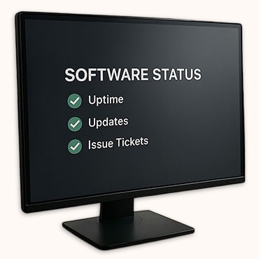 Desktop monitor showing software status metrics, representing ongoing software support and maintenance