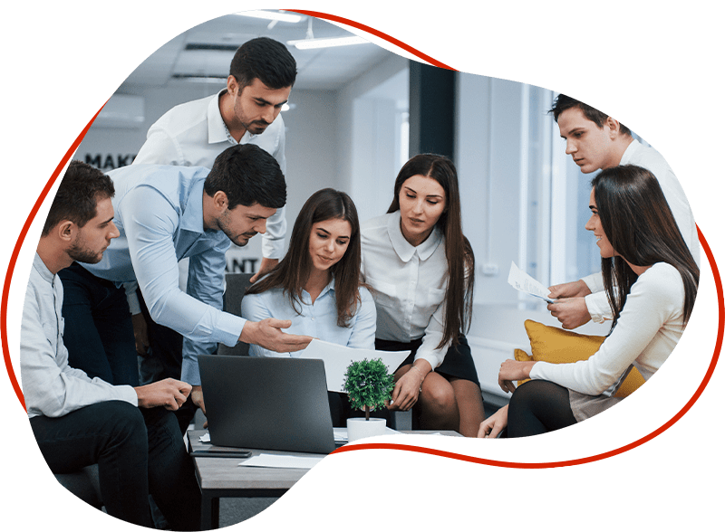 A diverse team of .NET developers collaborating and discussing software application development, symbolizing the professional services for web apps, CMS, APIs, and enterprise solutions mentioned on the page.