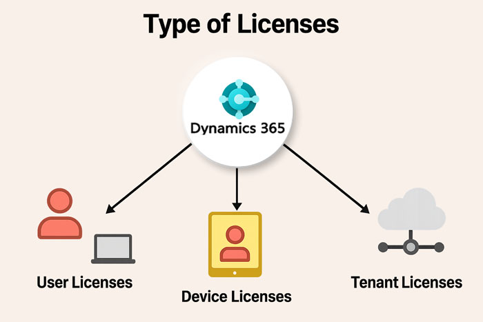 A visual diagram shows types of licenses for Dynamics 365, branching into icons for User Licenses, Device Licenses, and Tenant Licenses.
