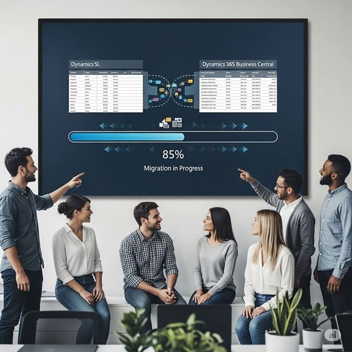 A professional team in a modern office, looking at a large screen that displays a successful data migration in progress from Dynamics SL to Dynamics 365 Business Central