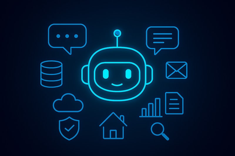 A glowing neon blue illustration of a friendly-looking robot head, surrounded by various communication icons including speech bubbles, a letter, and a Facebook logo, symbolizing AI's role in communication and digital services.