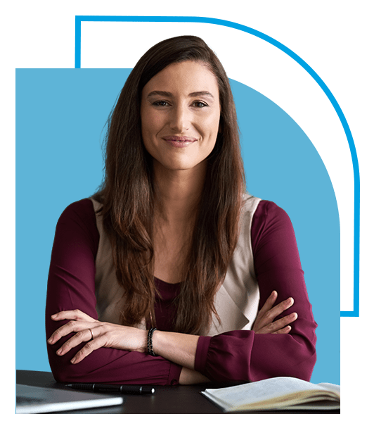 Business professional smiling in satisfaction. Text overlay highlights the advantages of outsourcing Salesforce needs.