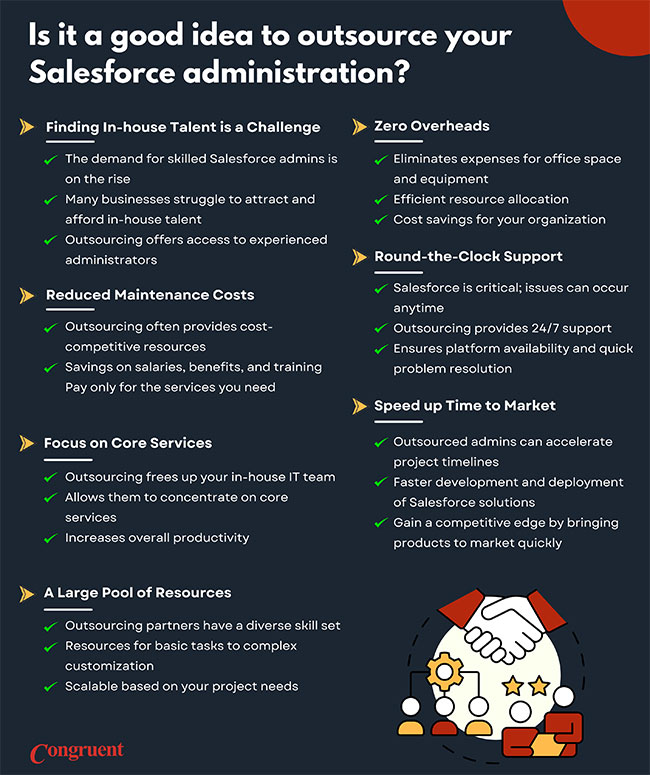 Infographic image outlining the benefits of outsourcing Salesforce administration need to a Salesforce partner.