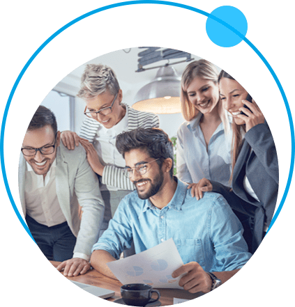 Team of Salesforce experts analysing data. Text overlay highlights the skills of salesforce experts you can hire through outsourcing.